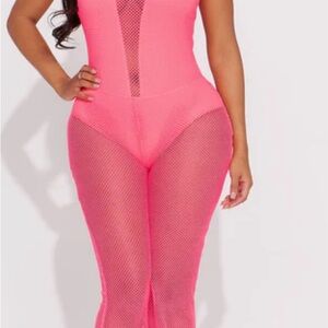 Fashion Nova Neon Pink Fishnet Jumpsuit